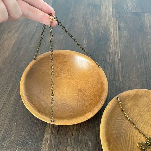 Set of 2 MCM Dark Wood Ceiling Hanging Basins Bowls Bird Bath / Planters - Picture 3 of 5